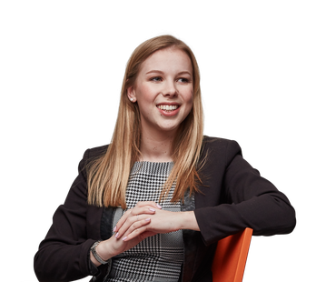 Woman in business attire sitting in chair facing right.
